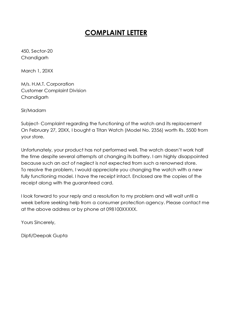 Letter of complaint examples 