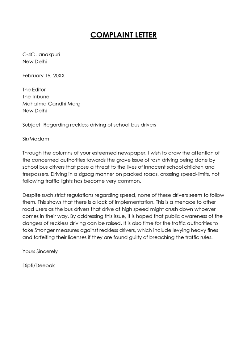 Complaint letter Class 10 