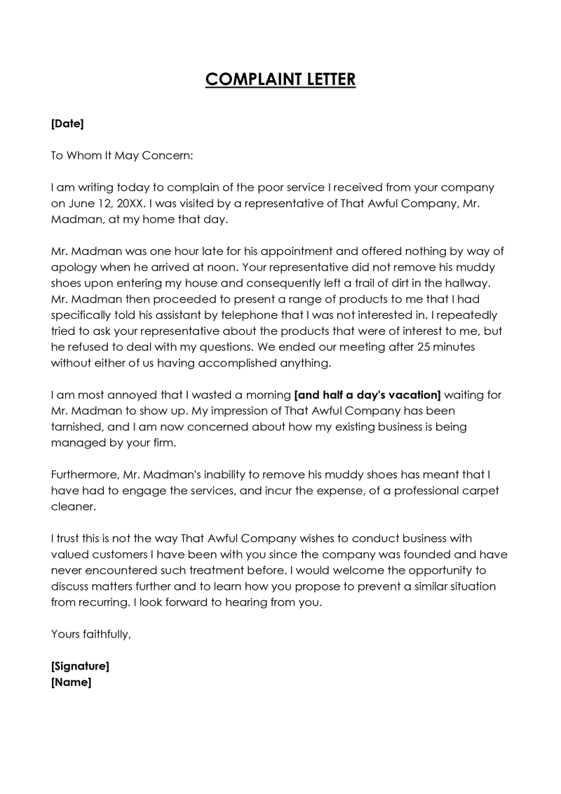 Letter of complaint examples 
