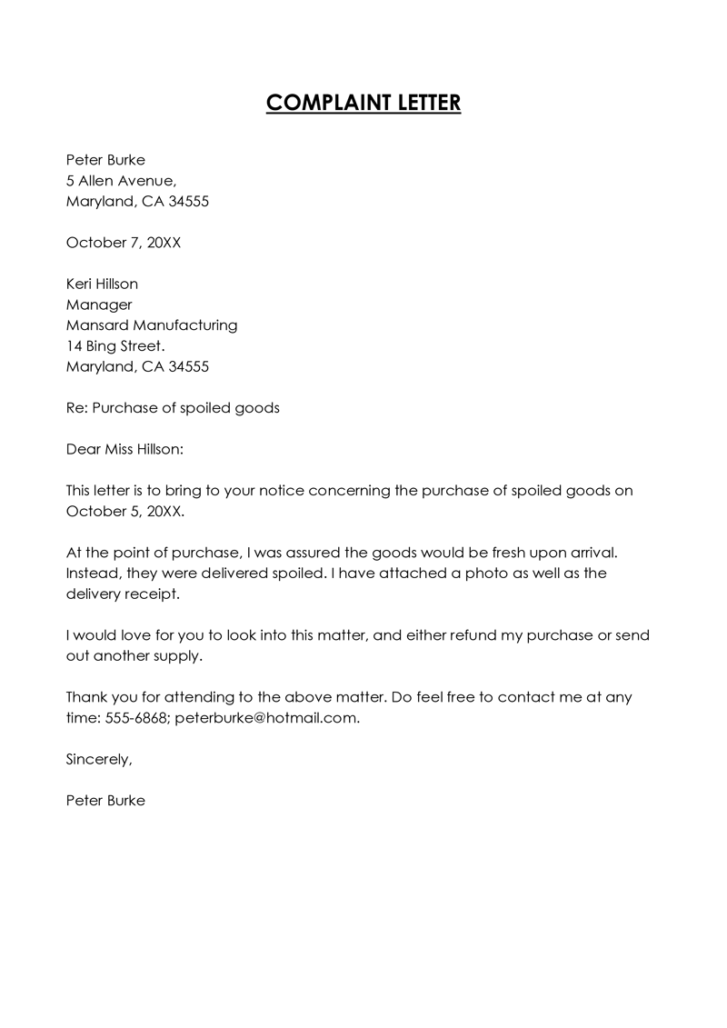 Example of complaint letter About product 