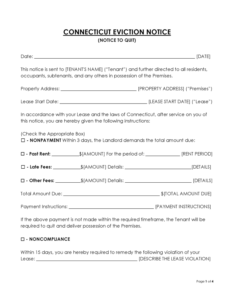 Connecticut Eviction Notice to Quit Form