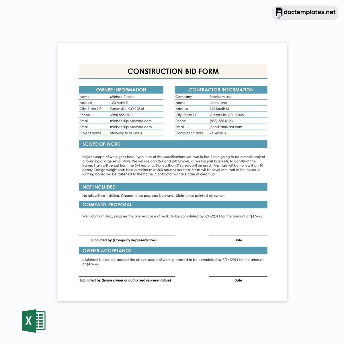 construction proposal template excel
