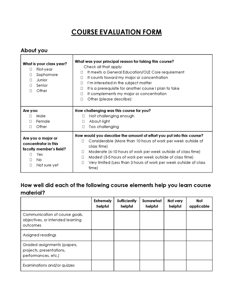 course evaluation form word