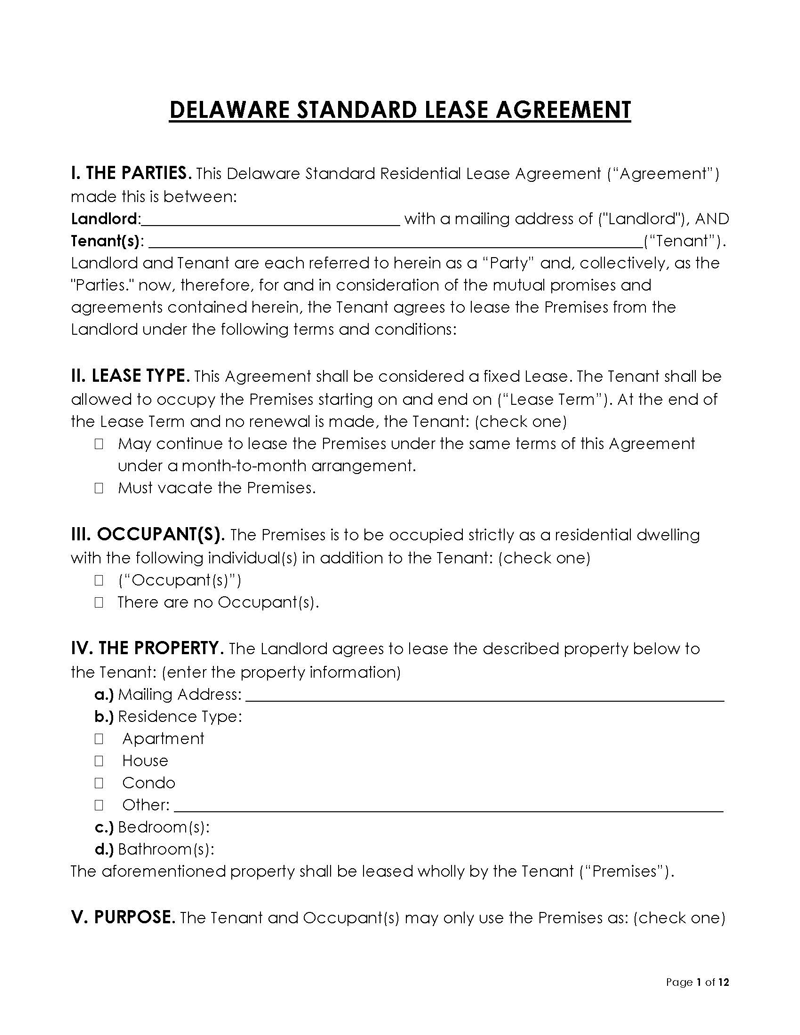 Delaware Standard Residential Lease Agreement Blank Delaware Residential Lease Agreement