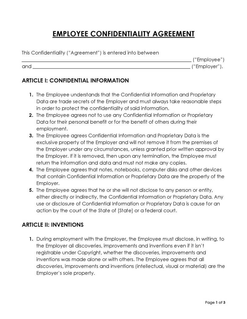  employee confidentiality agreement template word