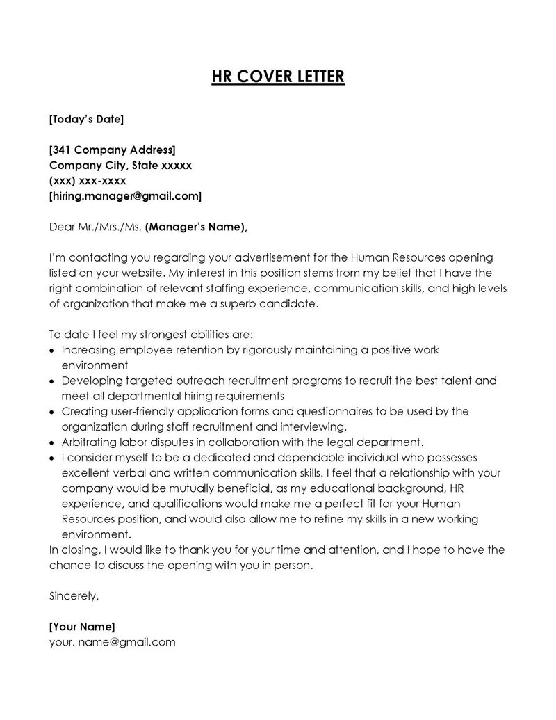  sample cover letter for hr position with no experience