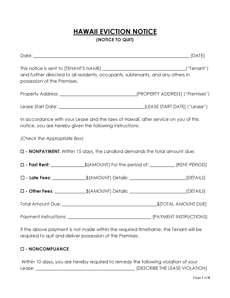 Hawaii Eviction Notice to Quit Form