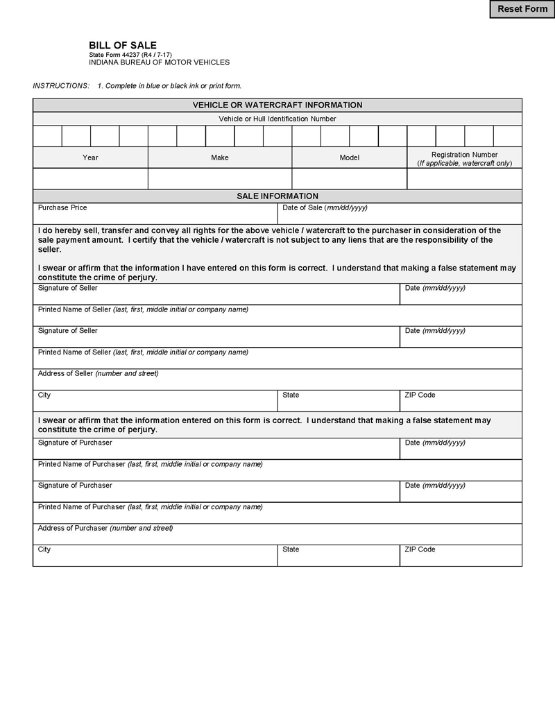 Indiana Boat Bill of Sale Form