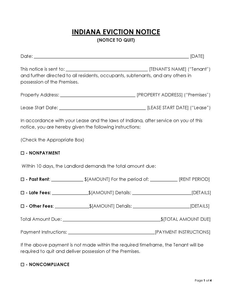 Indiana Eviction Notice to Quit Form