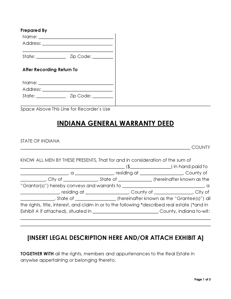 Indiana General Warranty Deed Form