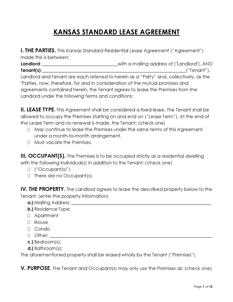 Kansas Standard Lease Agreement Blank Kansas Residential Lease Agreement
