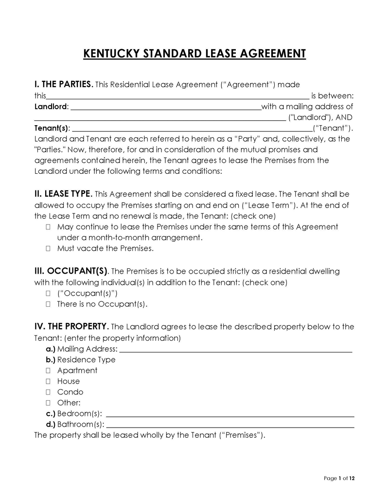 Kentucky Standard Residential Lease Agreement Blank Kentucky Residential Lease Agreement