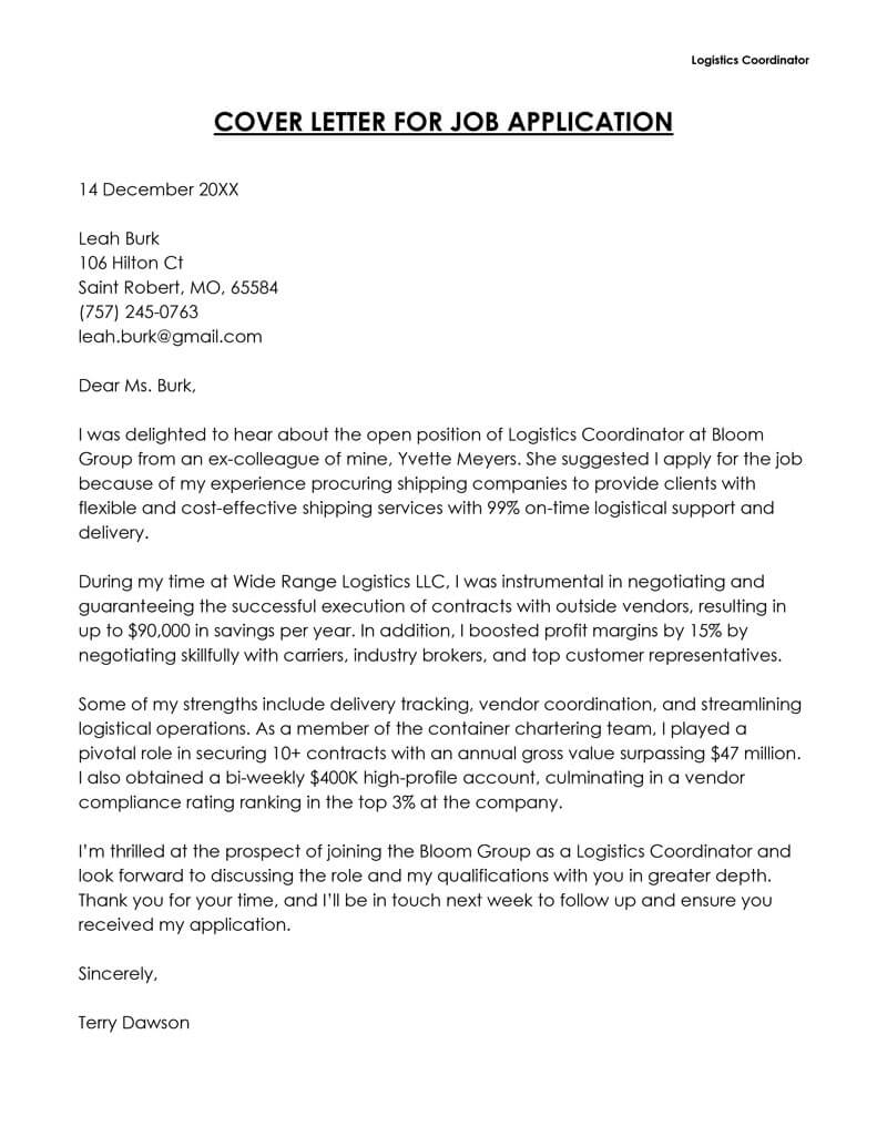 Logistics Coordinator Logistics Coordinator cover letter