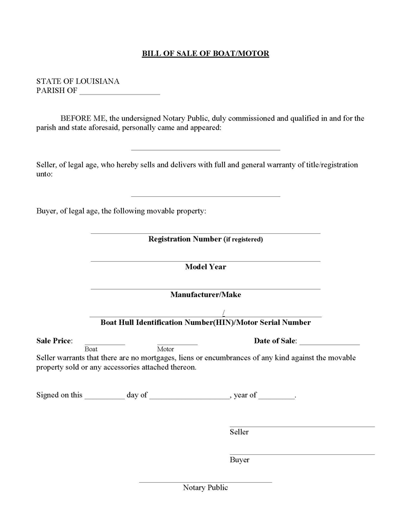 Louisiana Boat Bill of Sale Louisiana Boat Bill of Sale Form