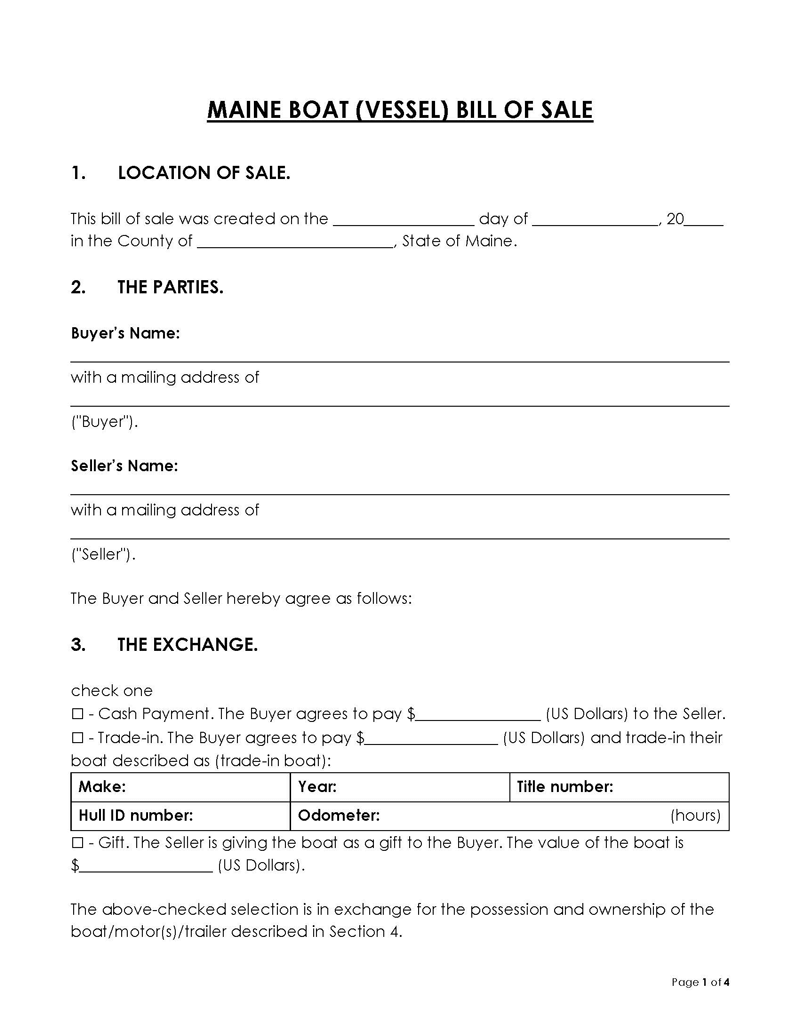 Maine Boat Bill of Sale Form
