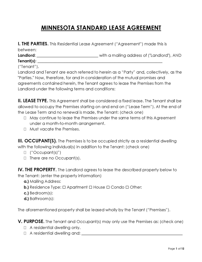 Minnesota Standard Lease Agreement Blank Minnesota Residential Lease Agreement