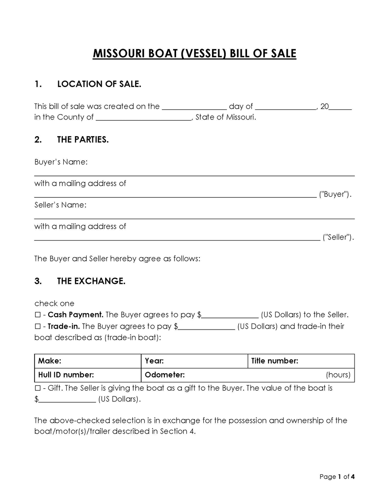 Missouri Boat Bill of Sale Form Missouri Boat Bill of Sale Form