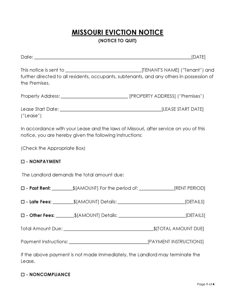 Missouri Eviction Notice to Quit Form