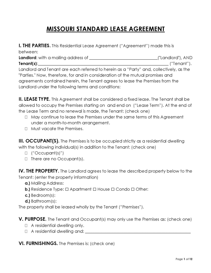 Missouri Standard Lease Agreement Blank Missouri Residential Lease Agreement