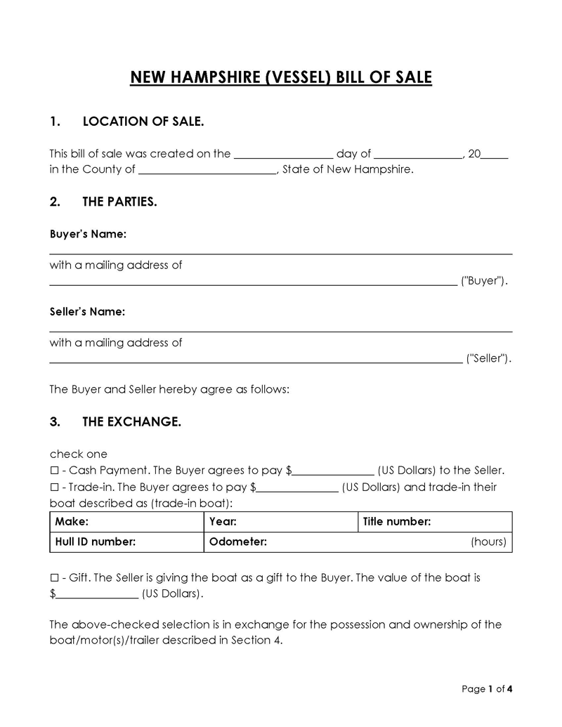 New Hampshire Boat Bill of Sale Form