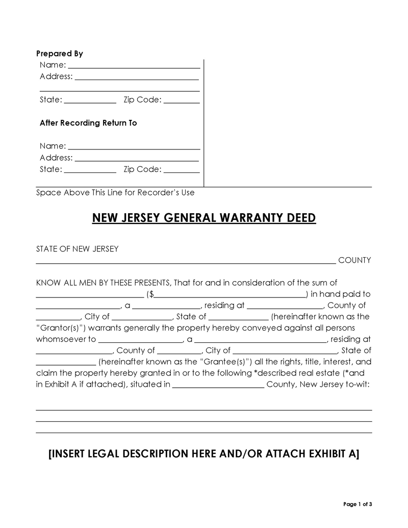 New Jersey general warranty deed form