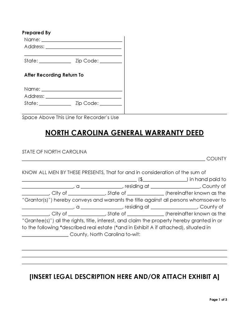 North Carolina general warranty deed form