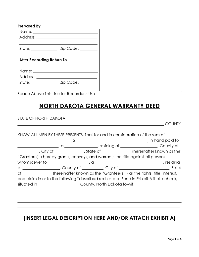 North Dakota general warranty deed form
