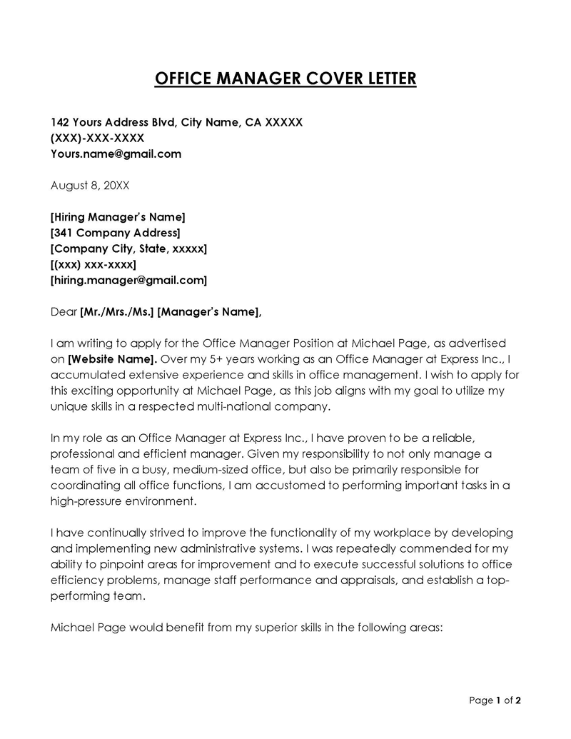 
cover letter for first time manager position