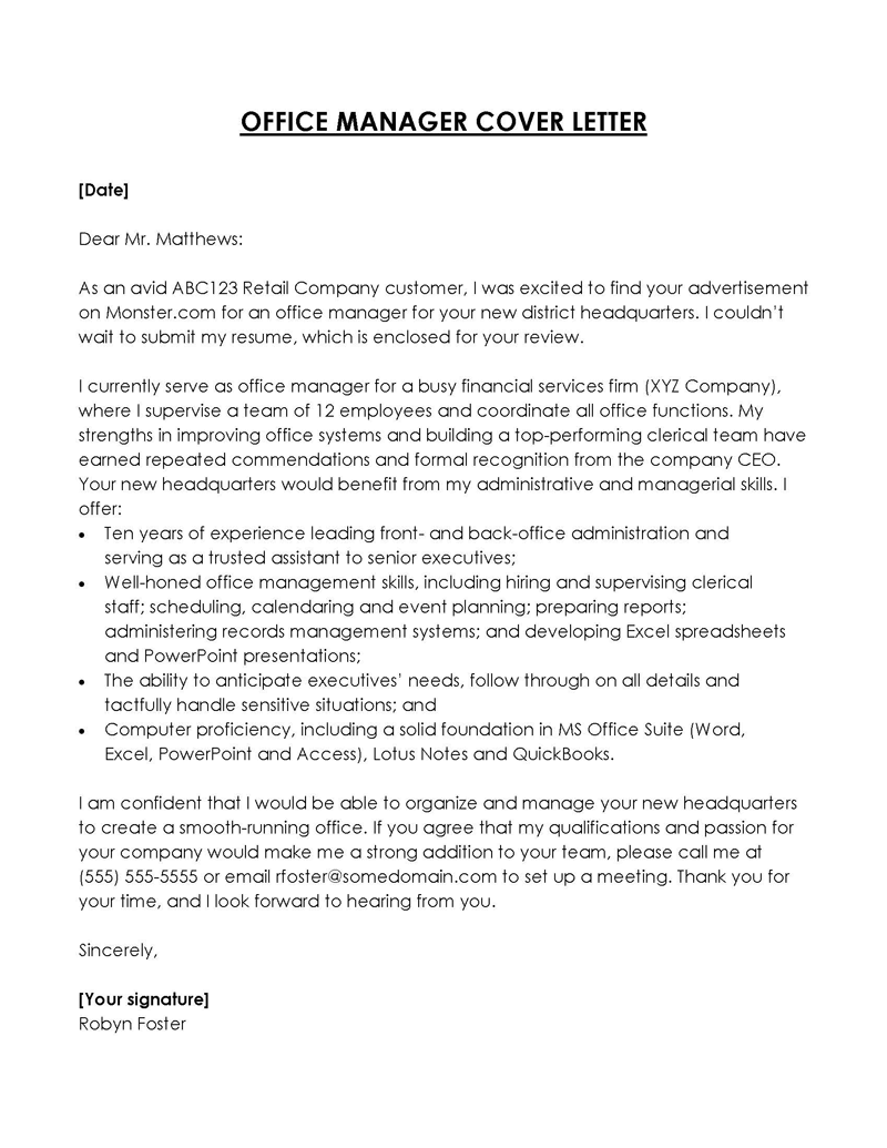 
office manager cover letter with no experience