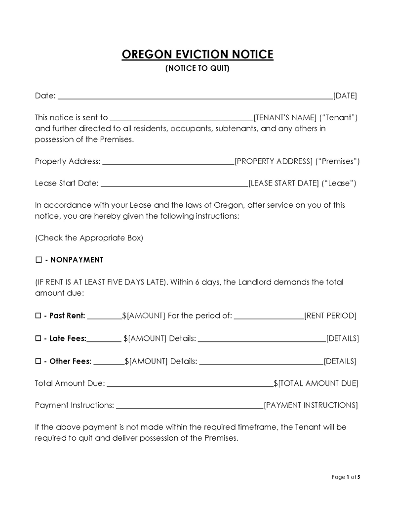 Oregon Eviction Notice to Quit Form