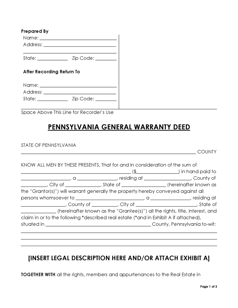 Pennsylvania general warranty deed form