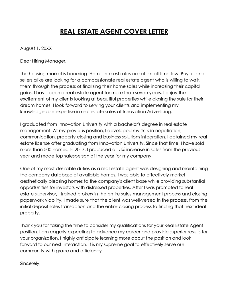 Property Manager Cover Letter Real Estate Resume Sample Template (Free