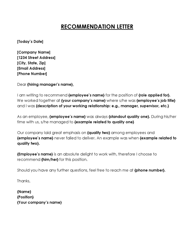 
letter of recommendation template free