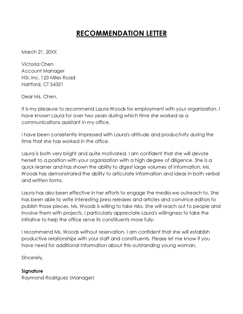 letter of recommendation template free