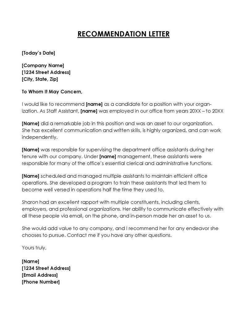 
letter of recommendation template free