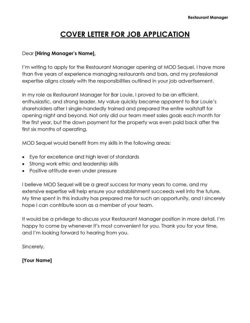 Restaurant Manager cover letter
