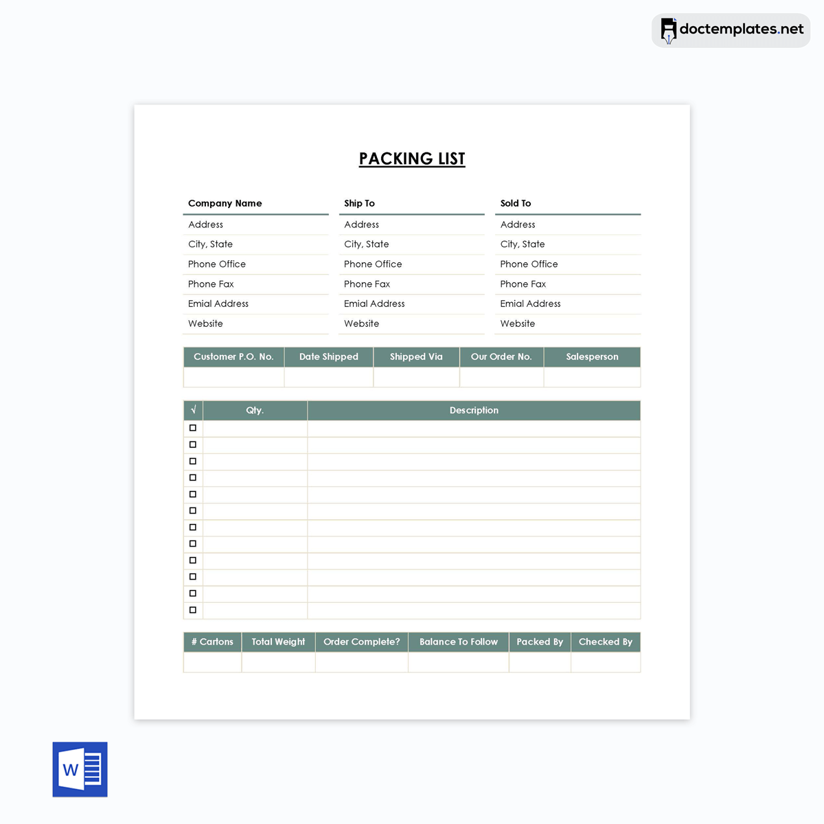 shipping packing list template