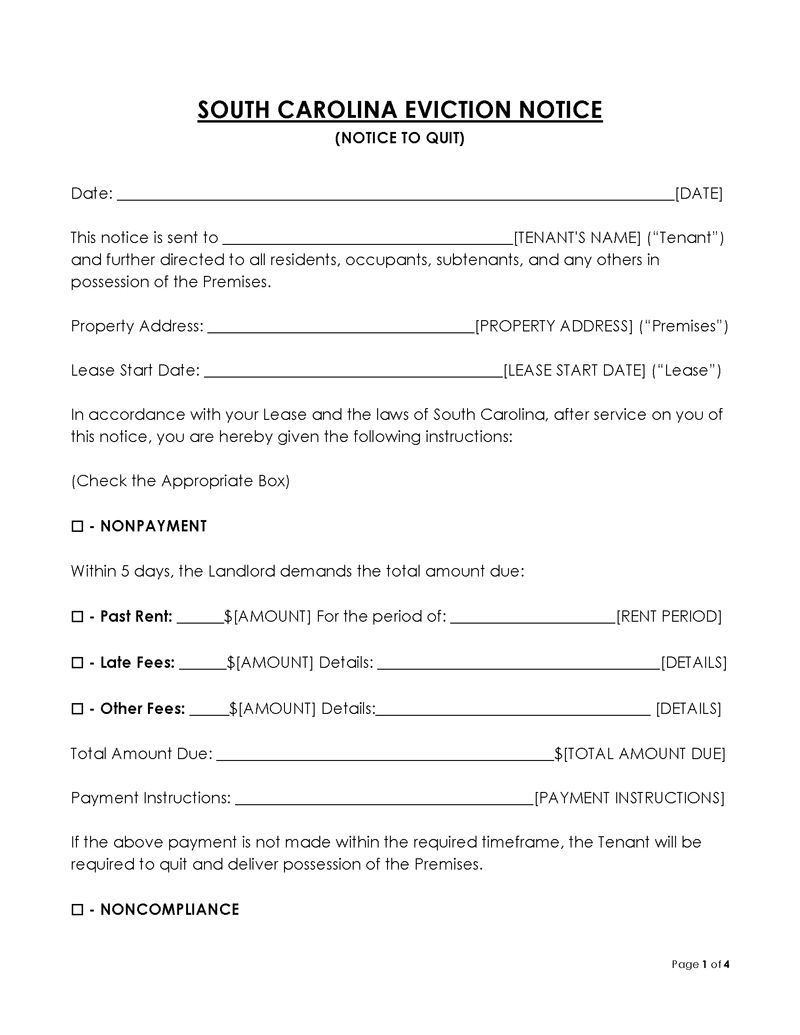 South Carolina Eviction Notice to Quit Form