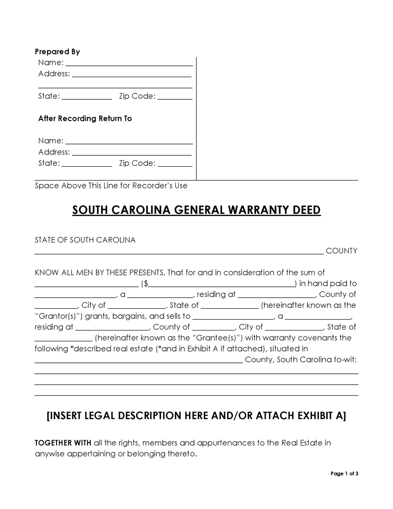 South Carolina general warranty deed form