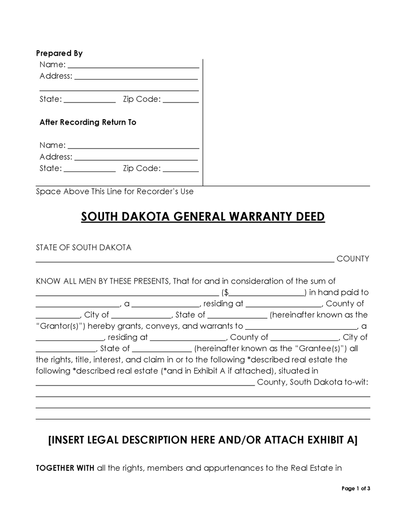South Dakota general warranty deed form