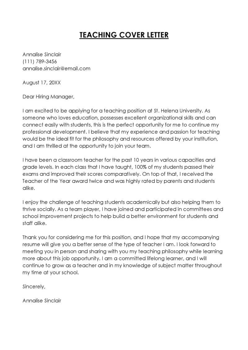 
new teacher cover letter no experience