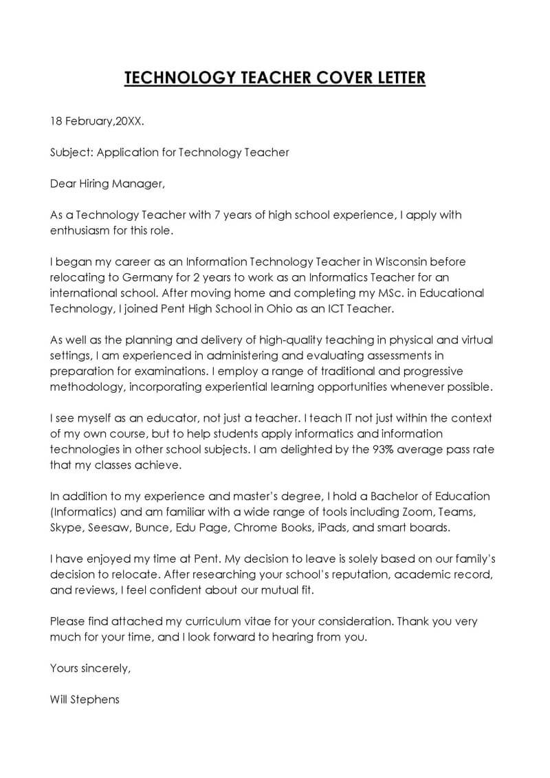 Technology Teacher Cover Letter 
