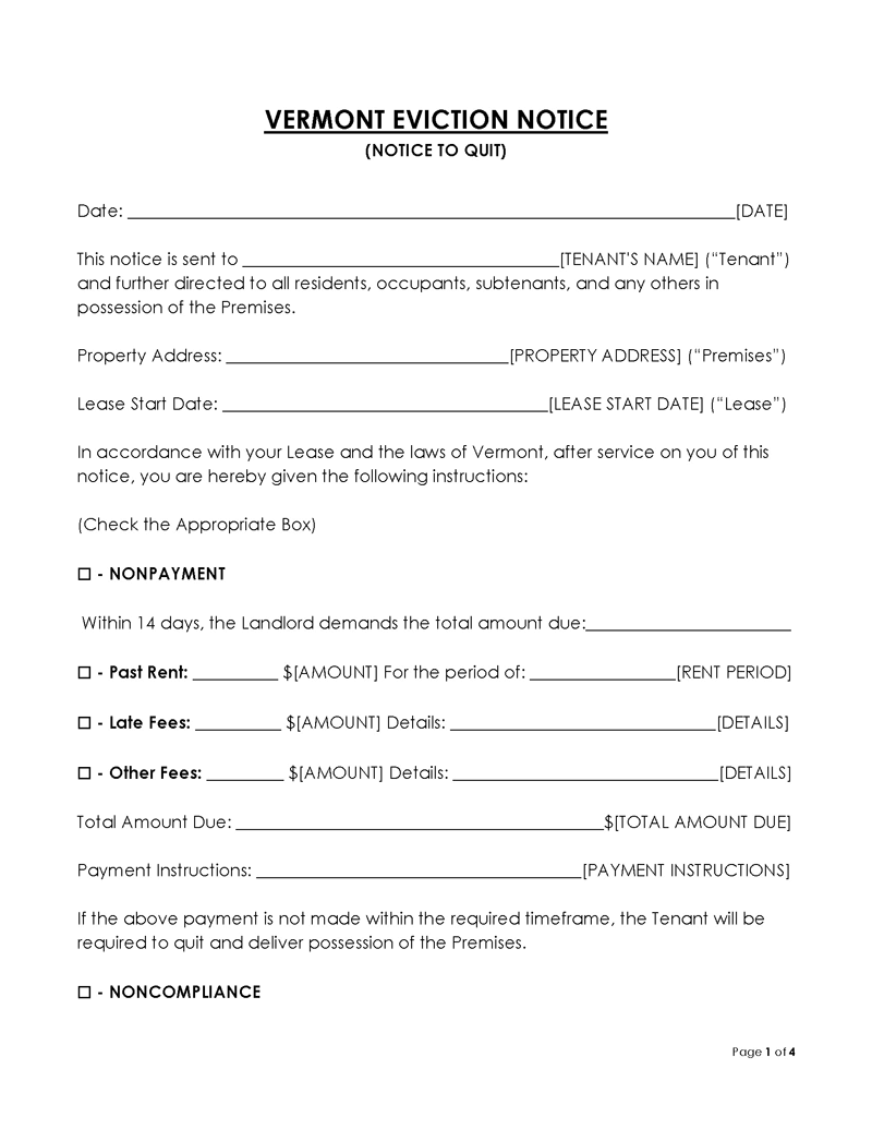 Vermont Eviction Notice to Quit Form