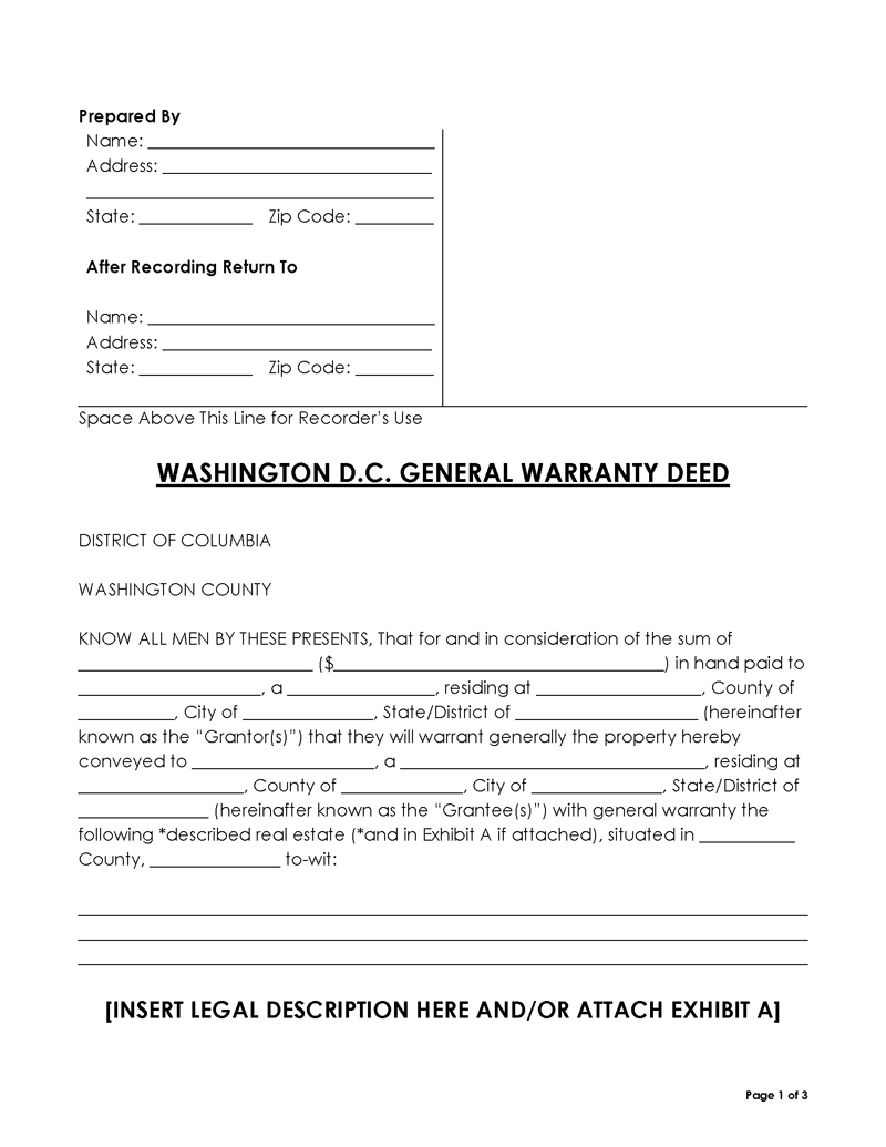 Washington DC general warranty deed form