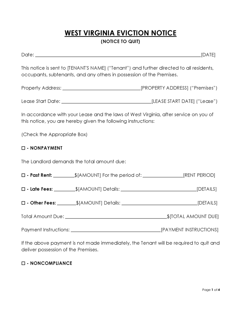 West Virginia Eviction Notice to Quit Form
