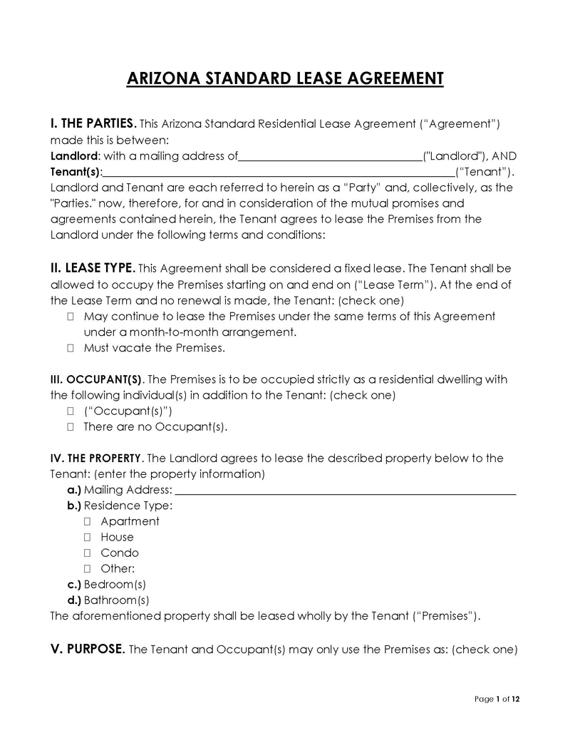 arizona standard lease agreement Blank Arizona Residential Lease Agreement
