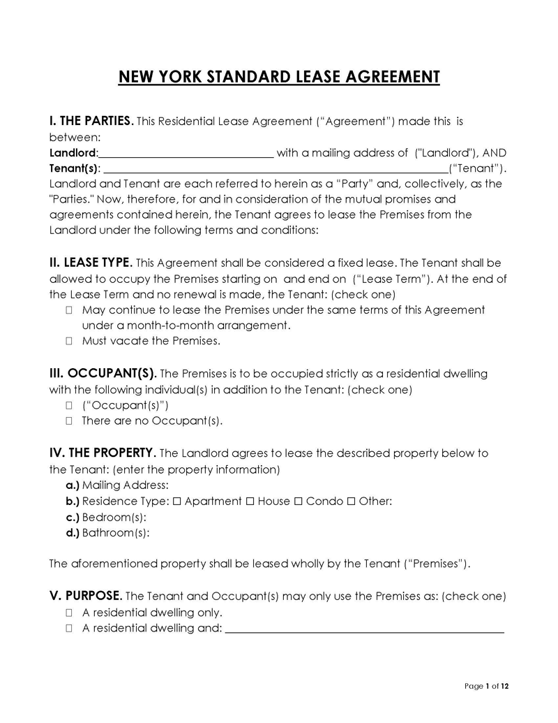 new york standard residential lease agreement Blank New York Residential Lease Agreement