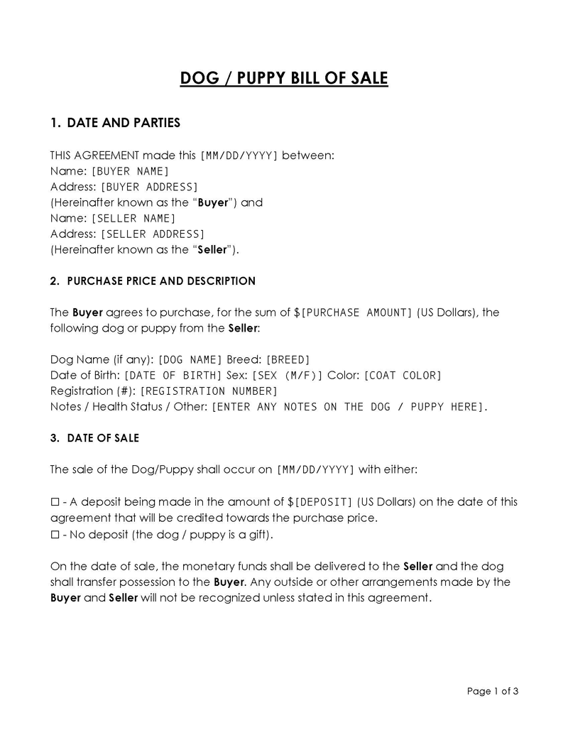 Free Puppy Bill of Sale Forms