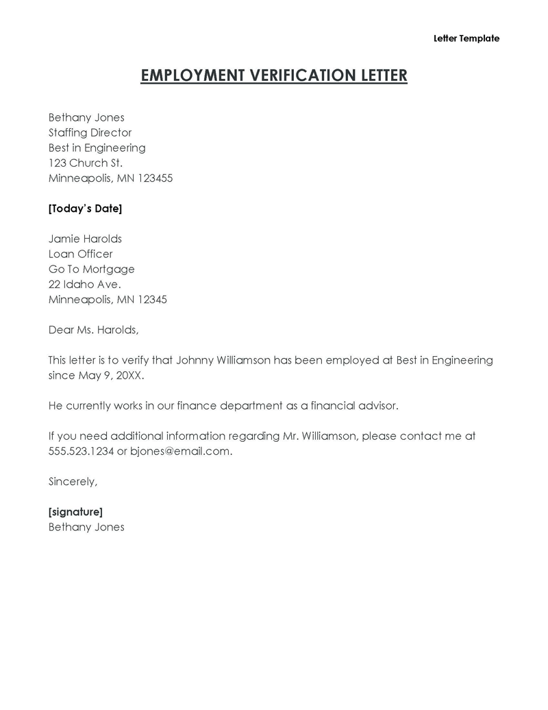  free employment verification letter template word