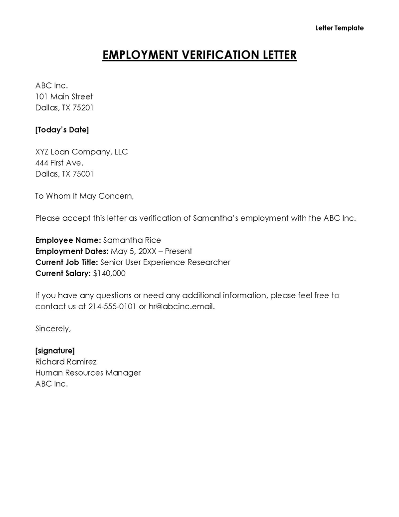  free employment verification letter template word